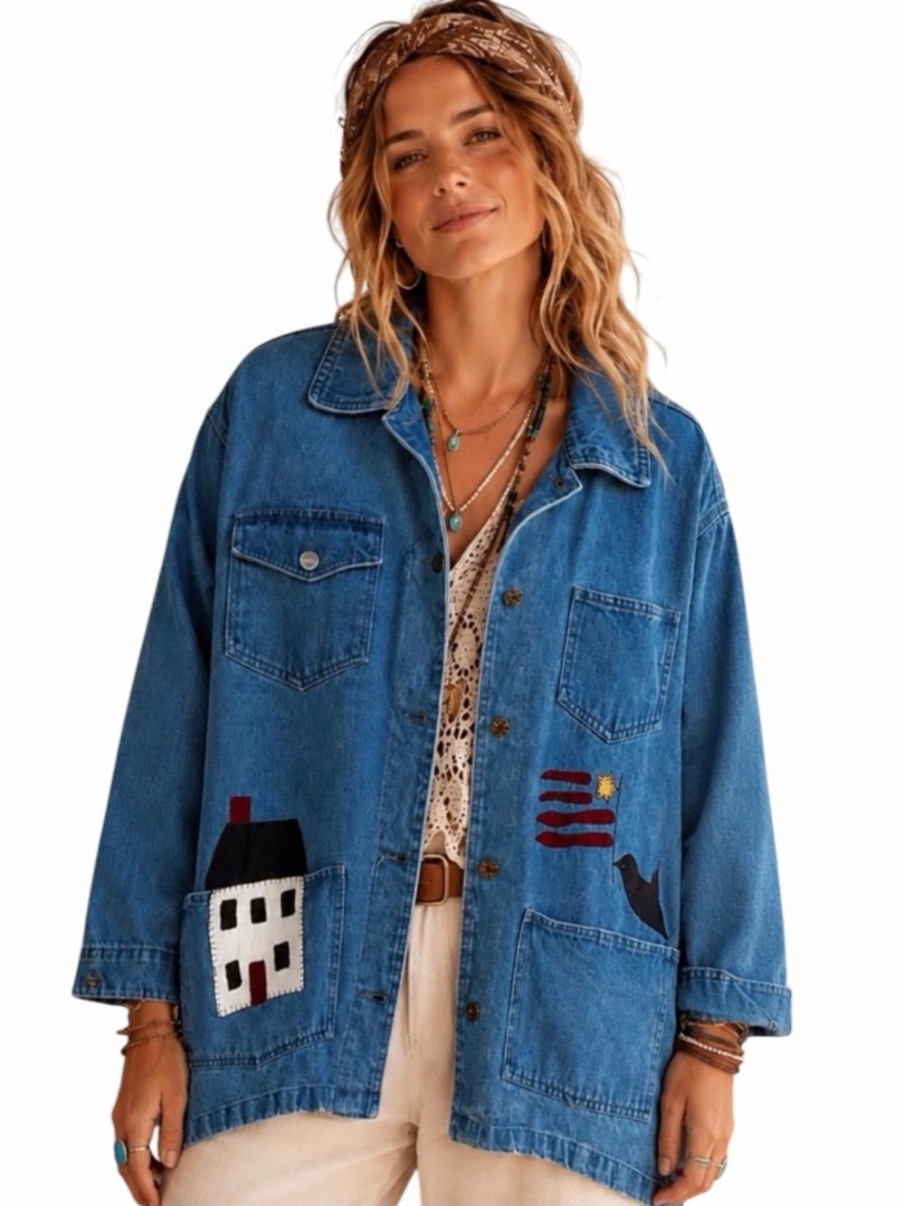 Vintage 90’s Denim Chore Jacket Primitive Folk Art Americana